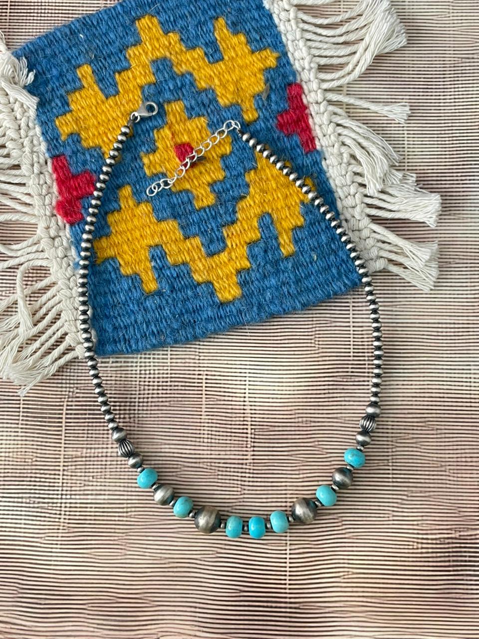 Handmade Sterling Silver Kingman Turquoise Beaded Necklace "Signed Nizhoni"