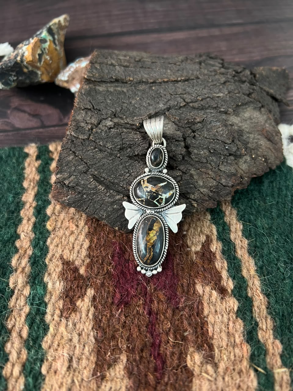 Handmade Sterling Silver Blackjack Turquoise Collection: Pendant Signed Nizhoni