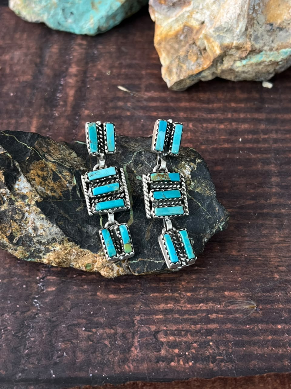 Handmade Sterling Silver Kingman Turquoise Post Dangle Earrings Signed Nizhoni