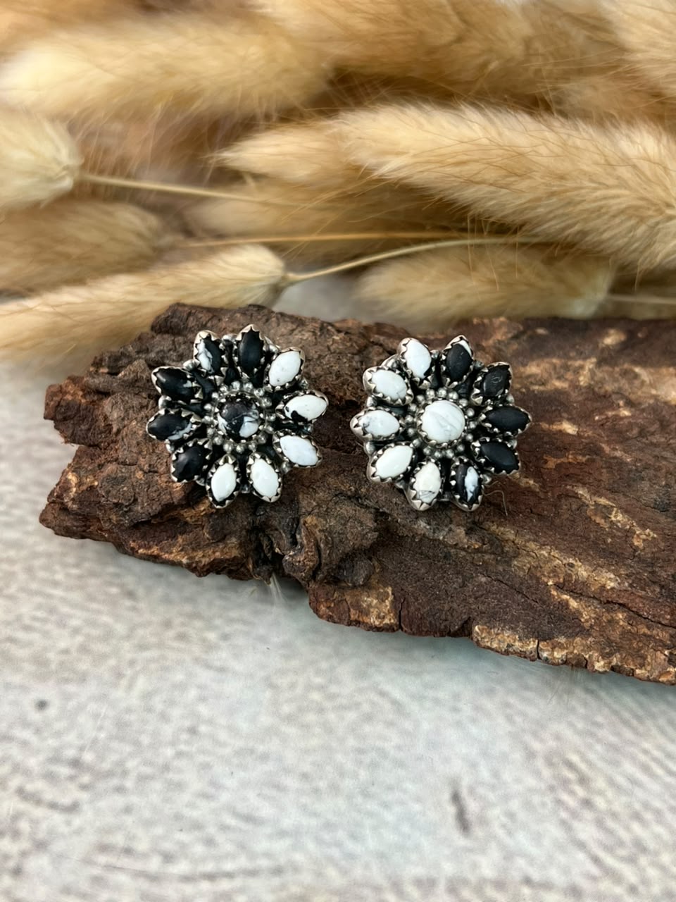 Handmade Sterling Silver White Buffalo Post Studs Earrings Signed Nizhoni