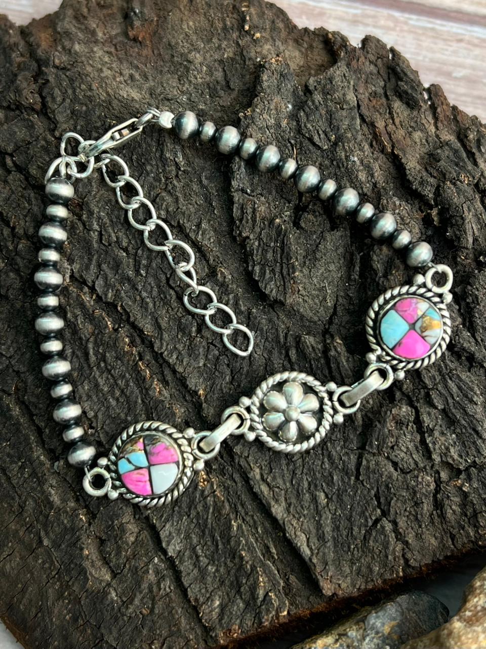 Handmade Sterling Silver Beaded Cotton Candy Bracelet "Signed Nizhoni"