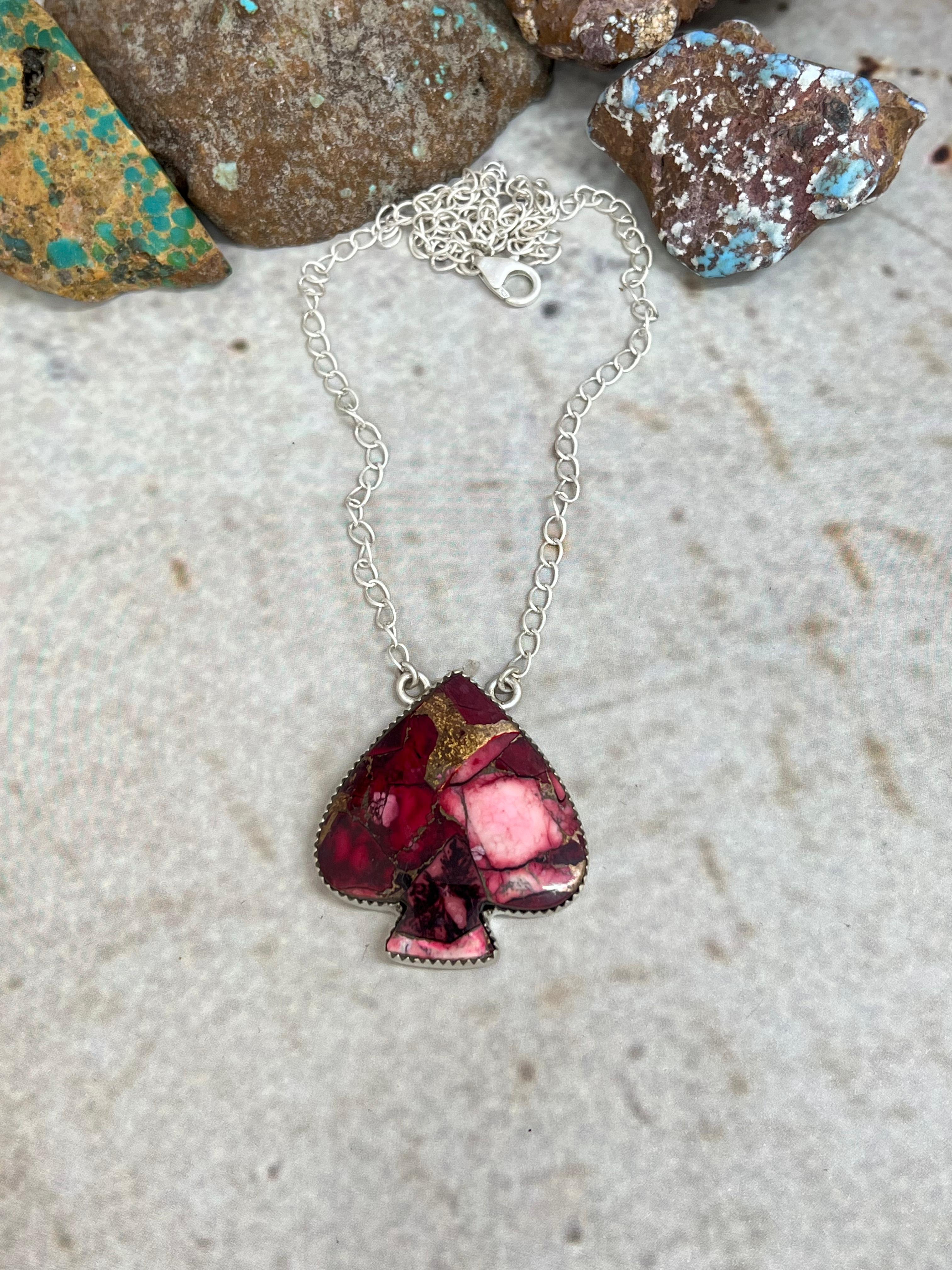 Handmade Sterling Silver Dahlia Rose Spade Necklace with Signed Nizhoni