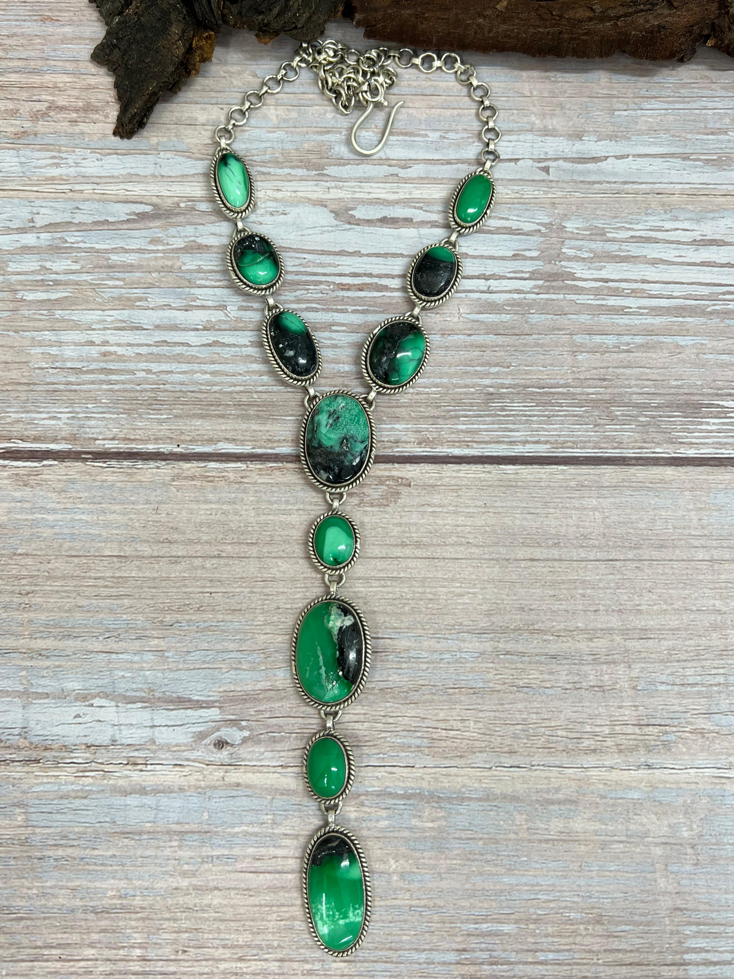 Handmade Sterling Silver Emerald Rose Necklace with Signed Nizhoni