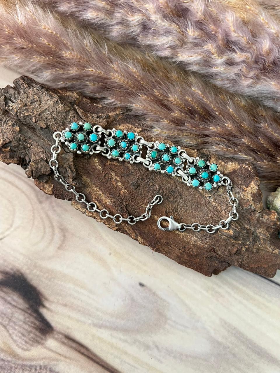 Handmade Sterling Silver Kingman Turquoise Chain Bracelet Signed Nizhoni (5)