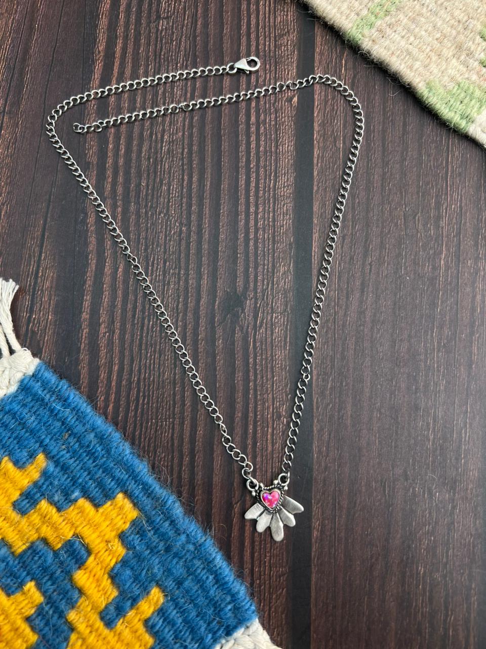 "Heart Collection" Handmade Sterling Silver Hot Pink Necklace "Signed Nizhoni"