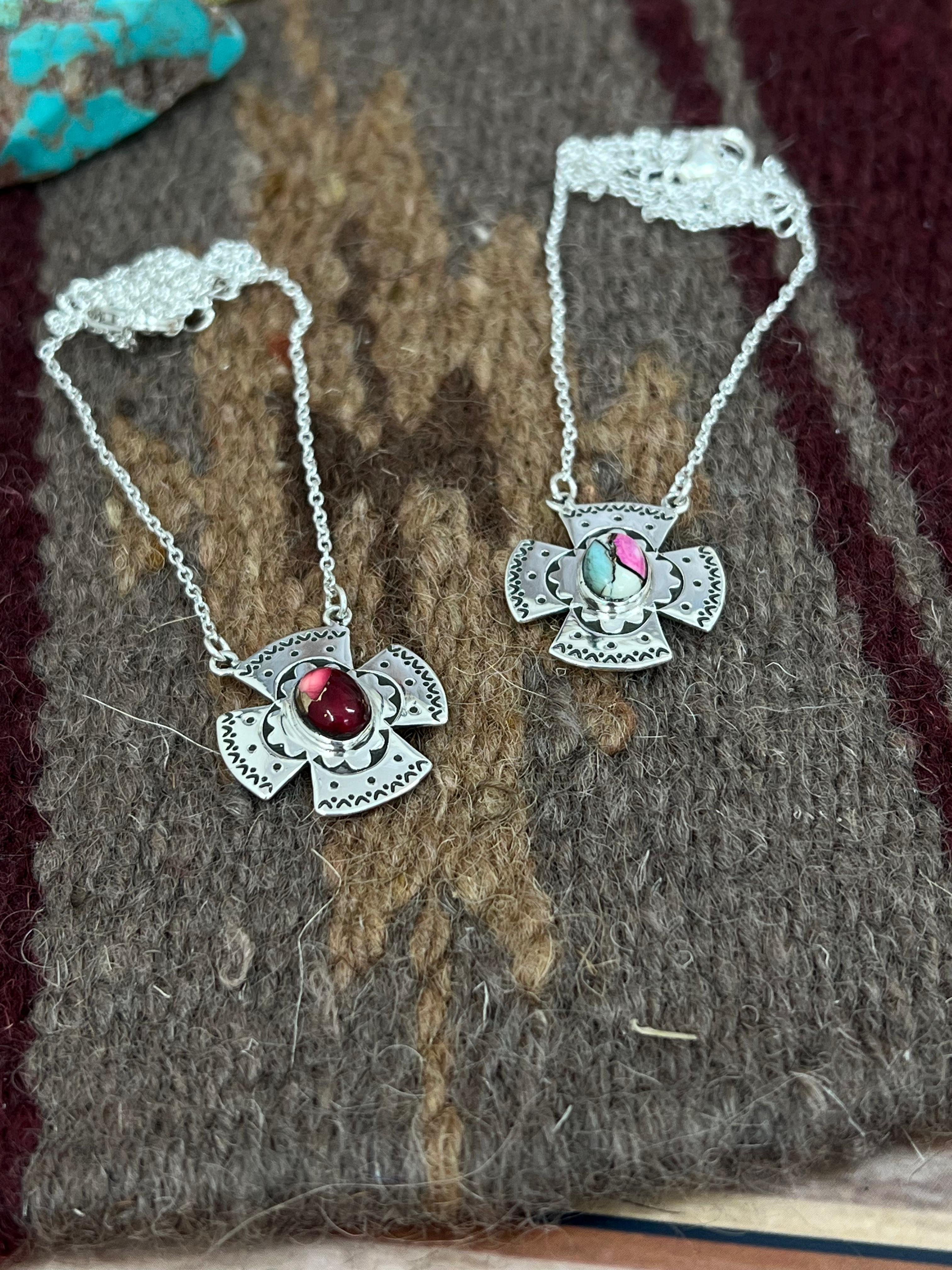 Handmade Sterling Silver Cotton Candy Turquoise, Dahlia Rose Necklace with Signed Nizhoni