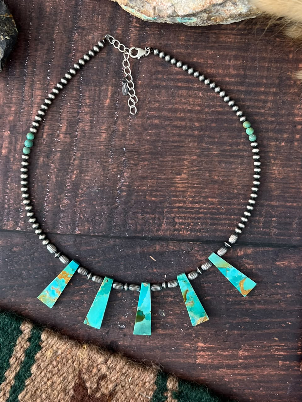 Handmade Sterling Silver Kingman Turquoise Beaded Necklace Signed Nizhoni