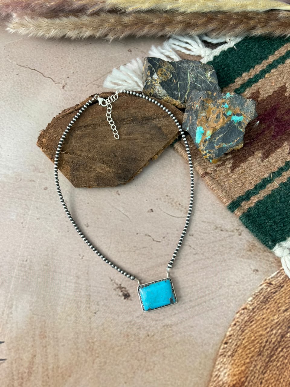 Handmade Sterling Silver Blue Kingman Turquoise Beaded Necklace Signed Nizhoni