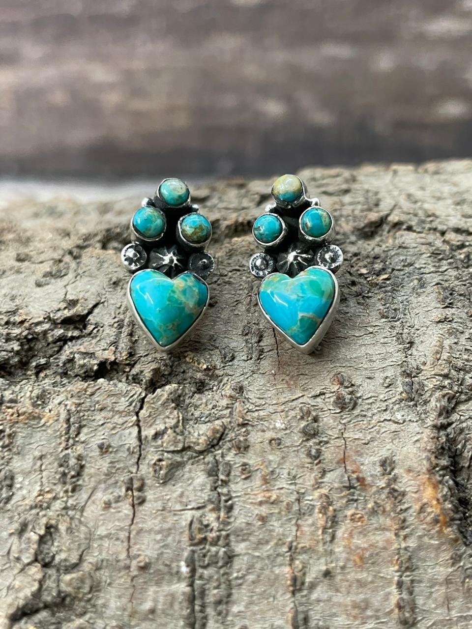 "Heart Collection" Handmade Sterling Silver Kingman Turquoise Post Studs Earrings "Signed Nizhoni"