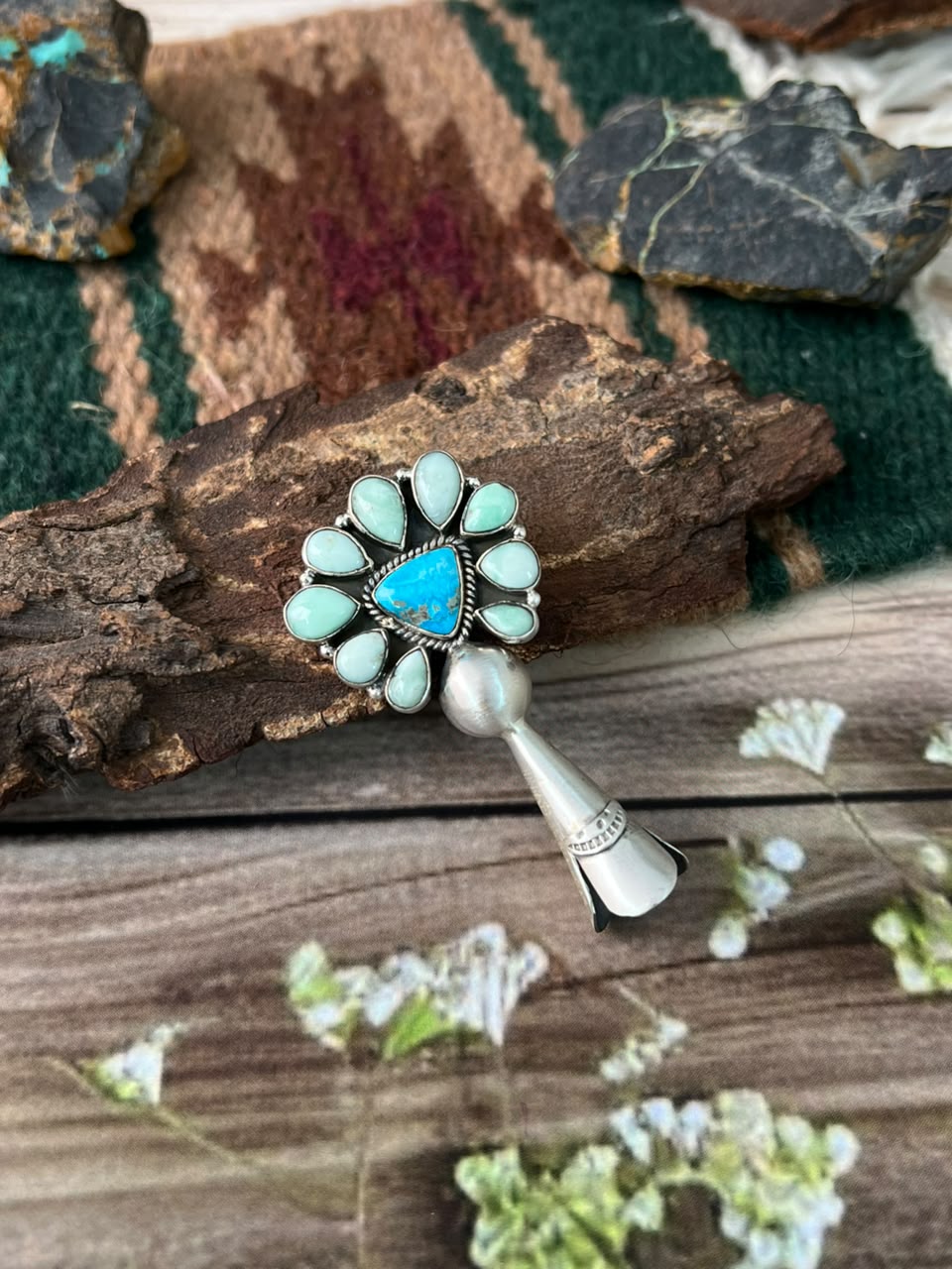Handmade Sterling Silver Paloma with Sierra Bella Turquoise Squash Blossom Pendant Signed Nizhoni