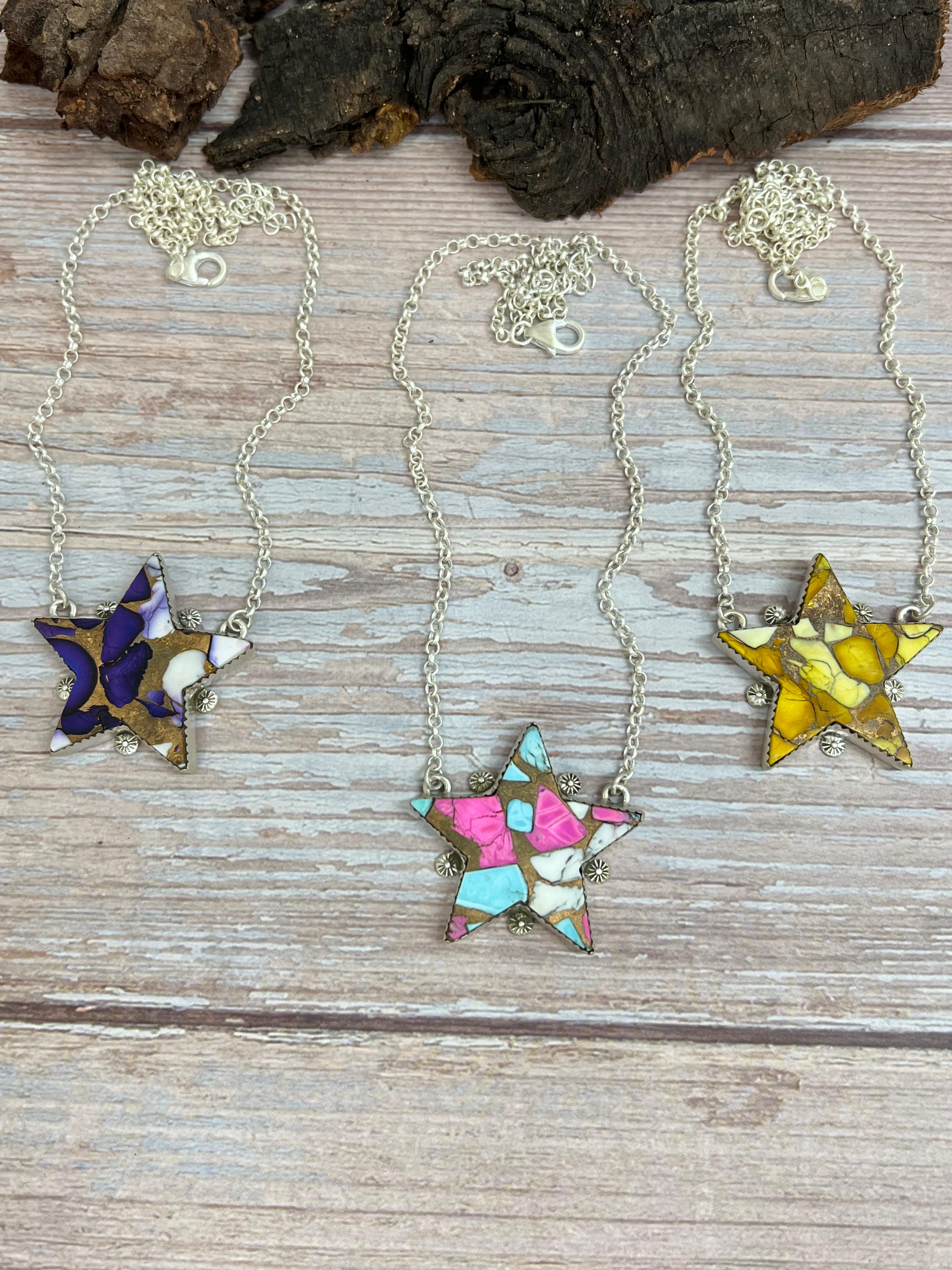 Handmade Sterling Silver Multi Stone Star Necklace, Signed Nizhoni