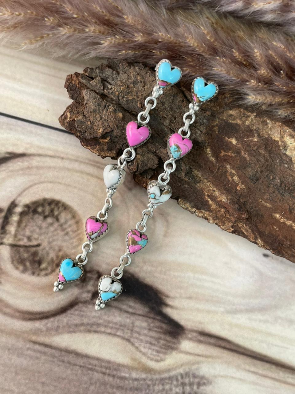 Handmade Sterling Silver Cotton Candy Post Dangle Heart Earrings Signed Nizhoni