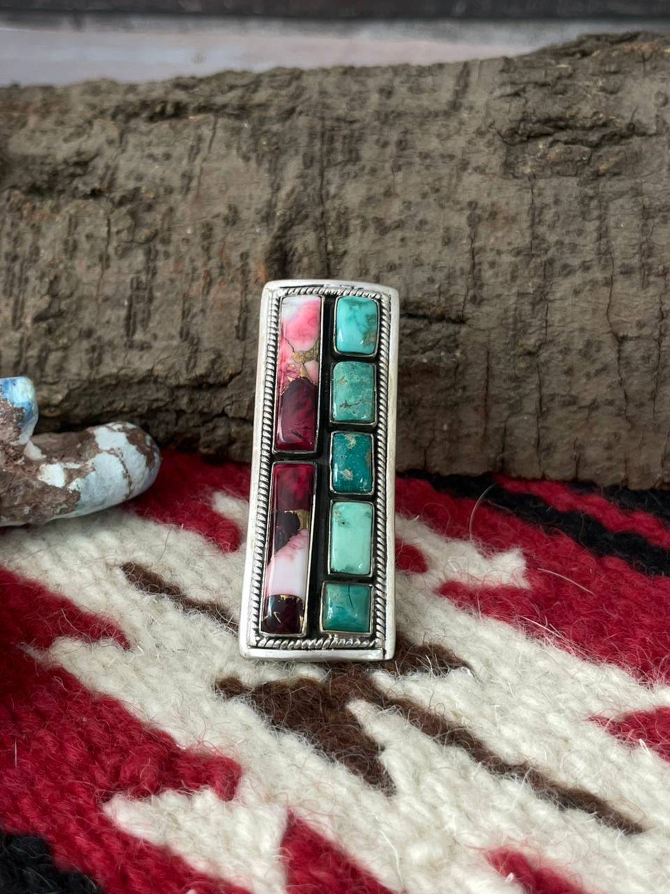 Handmade Sterling Silver Dahlia Rose With Emerald Valley Turquoise Ring "Signed Nizhoni"