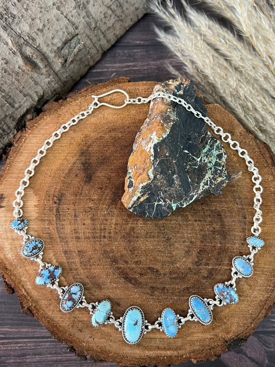 Handmade Sterling Silver Golden Hills Turquoise Choker Necklace Signed Nizhoni