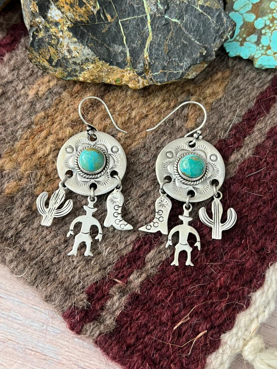 Handmade Sterling Silver Kingman Turquoise Hook Dangle Earrings "Signed Nizhoni"