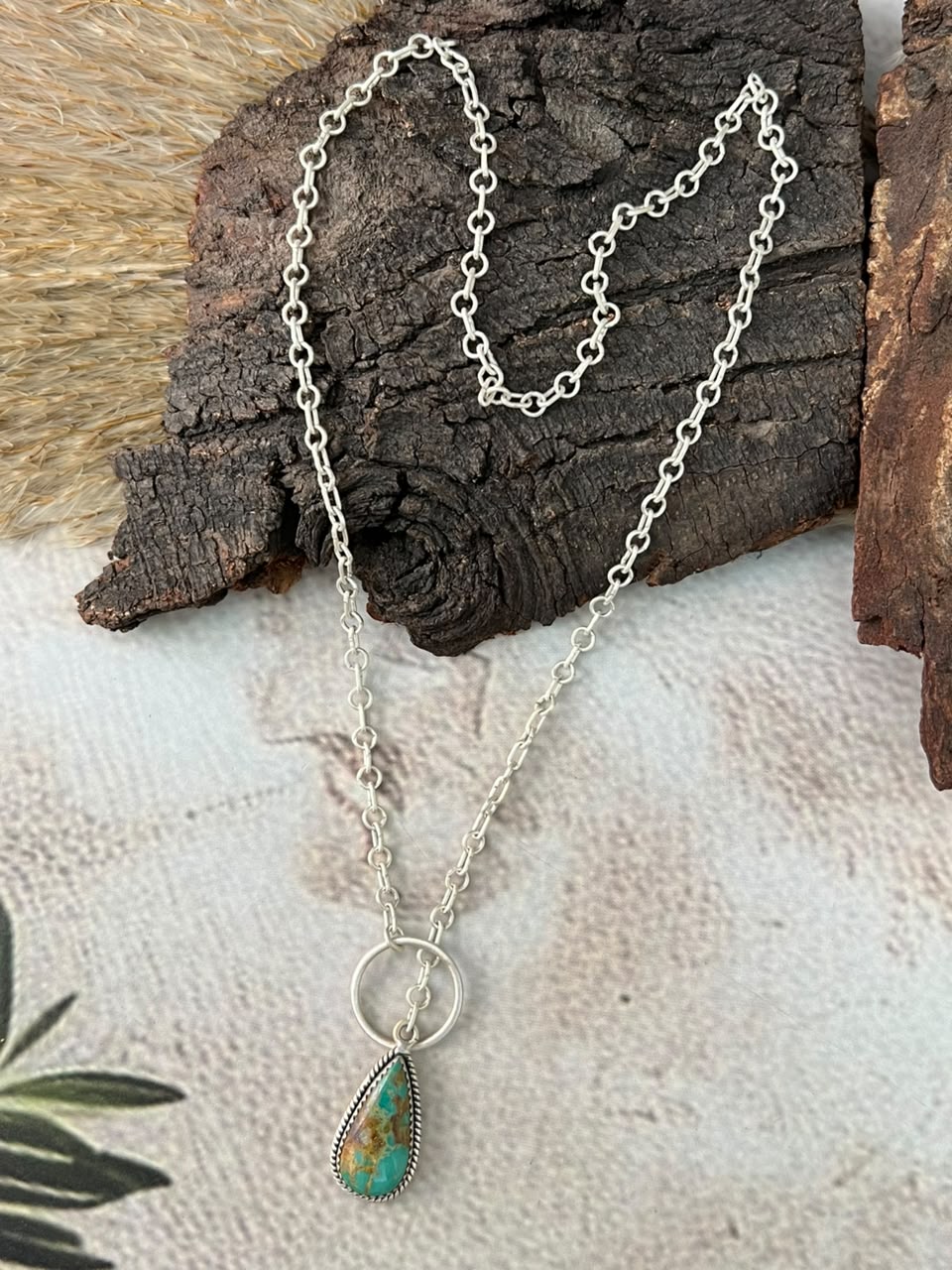 Handmade Sterling Silver Sonoran Mountain Turquoise Lariat Necklace Signed Nizhoni