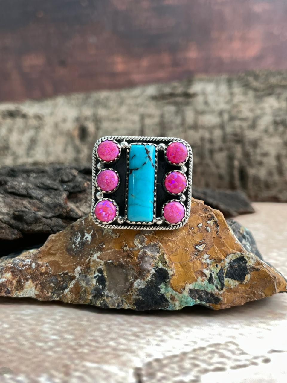 Handmade Sterling Silver Hot Pink with Arizona Turquoise Adjustable Ring "Signed Nizhoni"