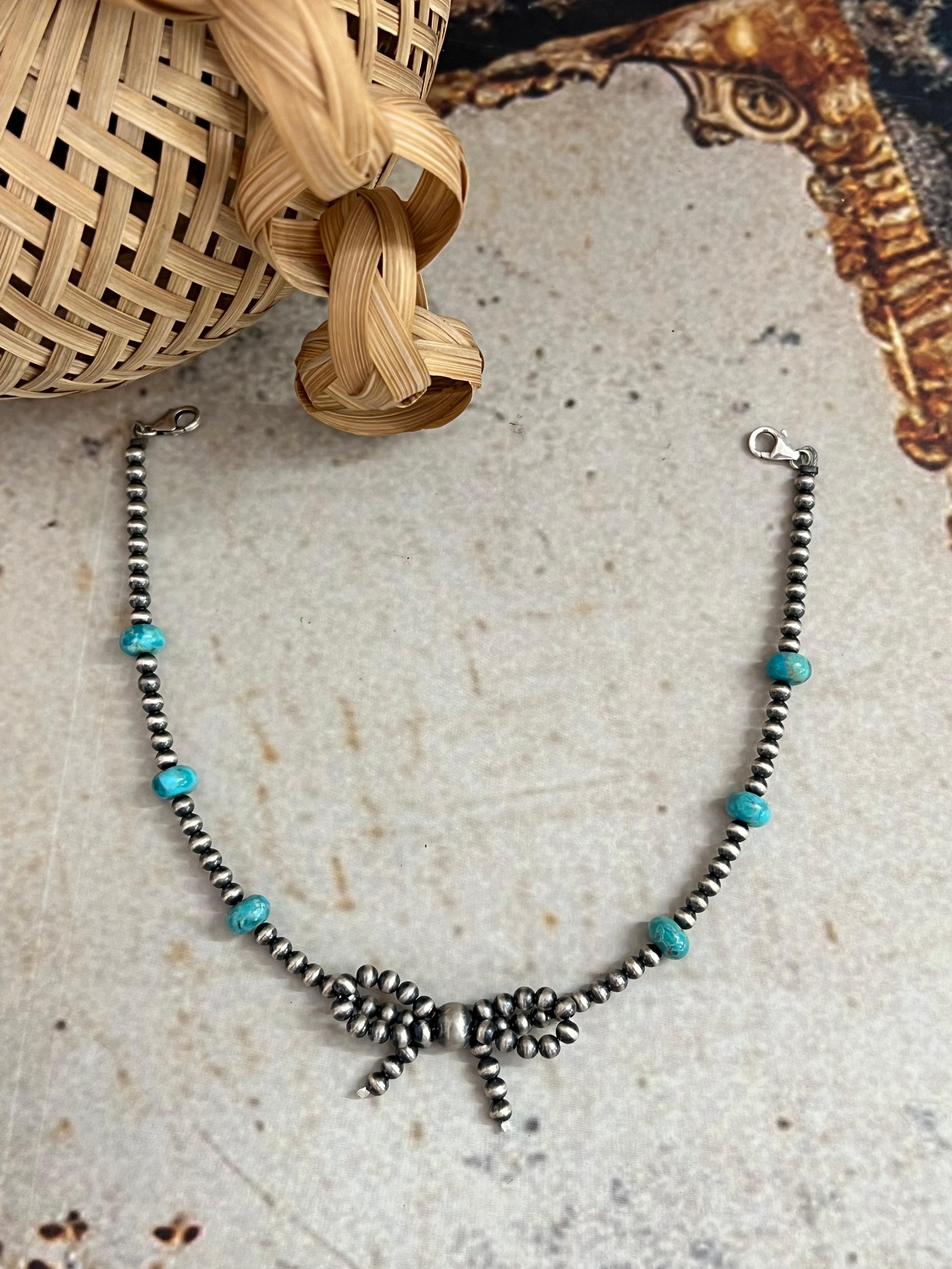 Handmade Sterling Silver Beaded Kingman Turquoise Bow Hat Band