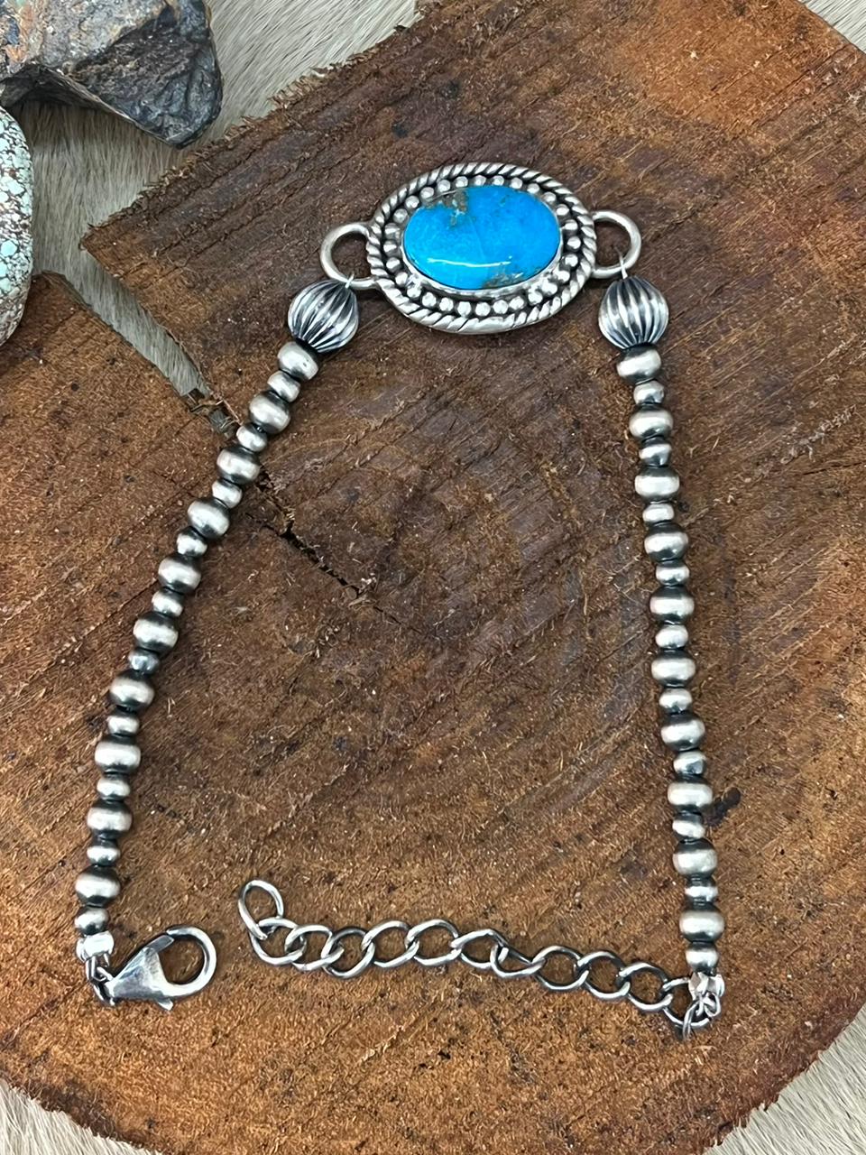 Handmade Sterling Silver Beaded Arizona Blue Turquoise Chain Bracelet "Signed Nizhoni"