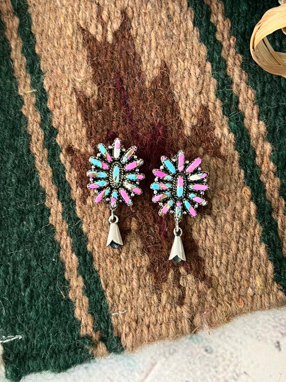 Handmade Sterling Silver Cotton Candy Squash Blossom Post Dangle Earrings Signed Nizhoni
