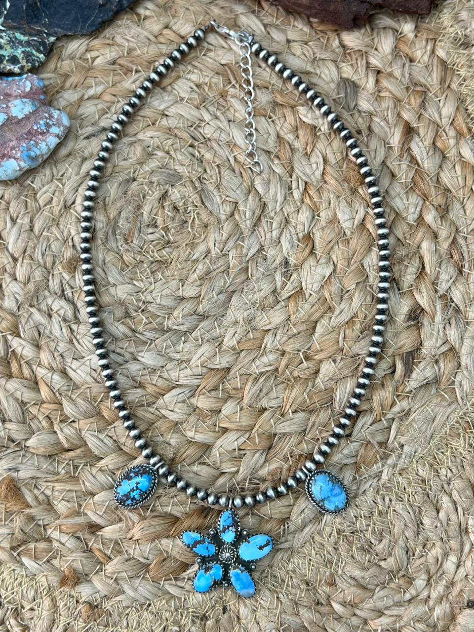 Handmade Sterling Silver Golden Hills Turquoise Beaded Necklace "Signed Nizhoni"