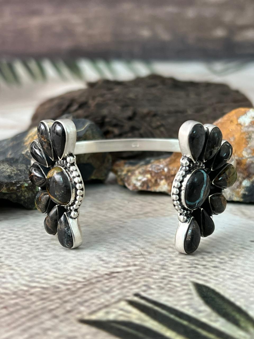 Handmade Sterling Silver Blackjack Turquoise Cuff Bracelet "Signed Nizhoni"