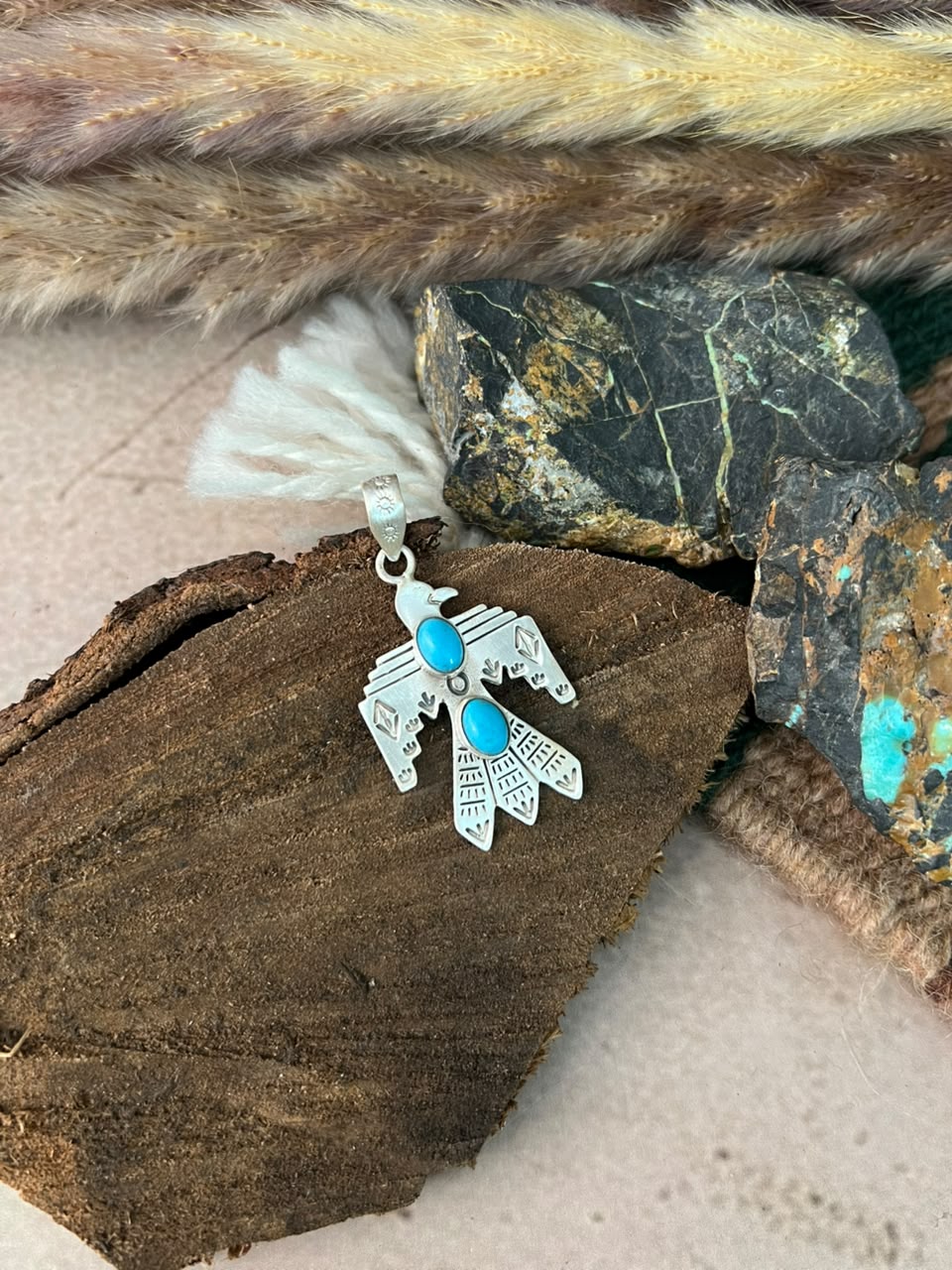 Handmade Sterling Silver Kingman Turquoise Thunderbird Pendant Signed Nizhoni