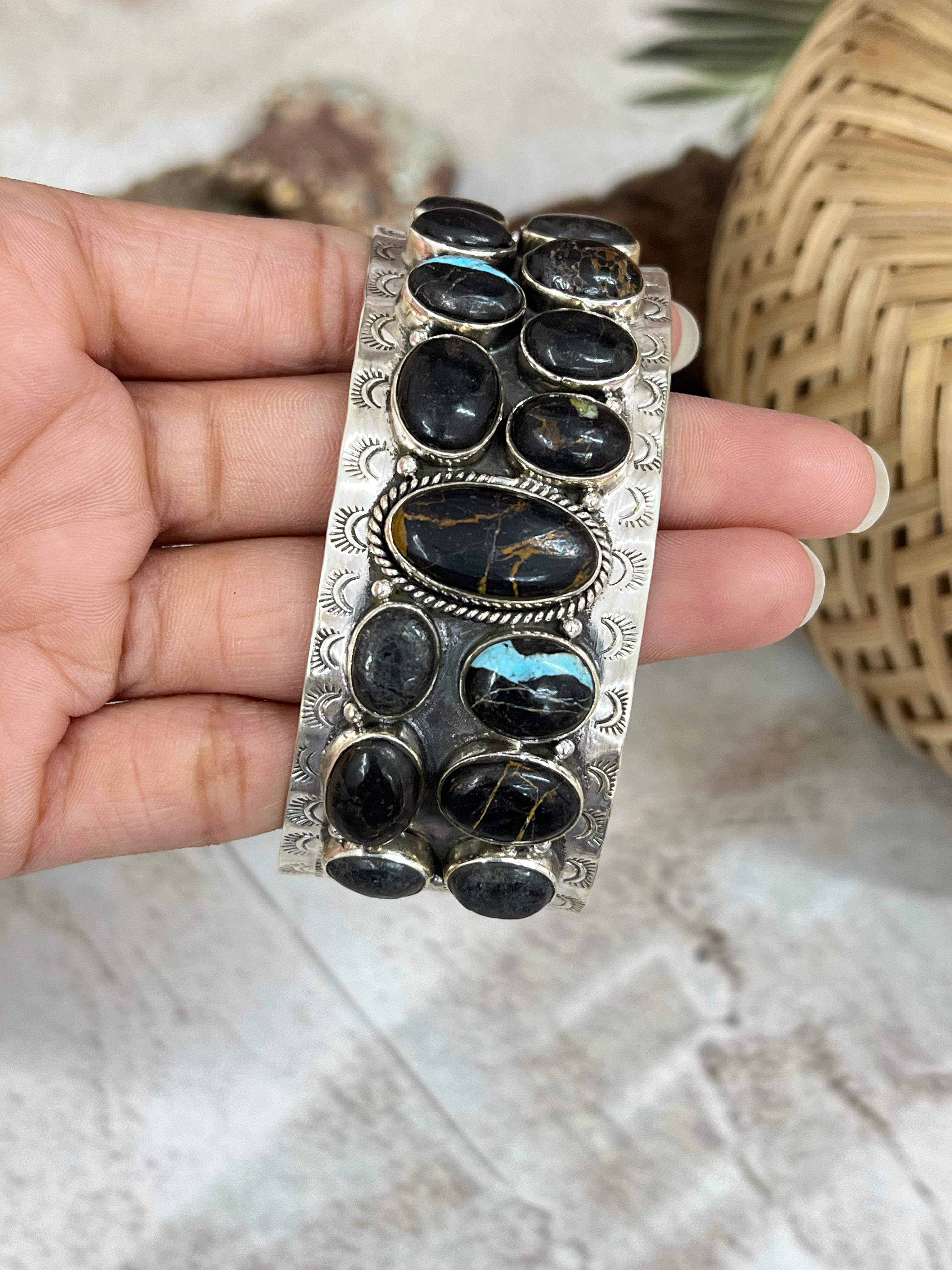 Handmade Sterling Silver Blackjack Turquoise Cuff Bracelet with Signed Nizhoni