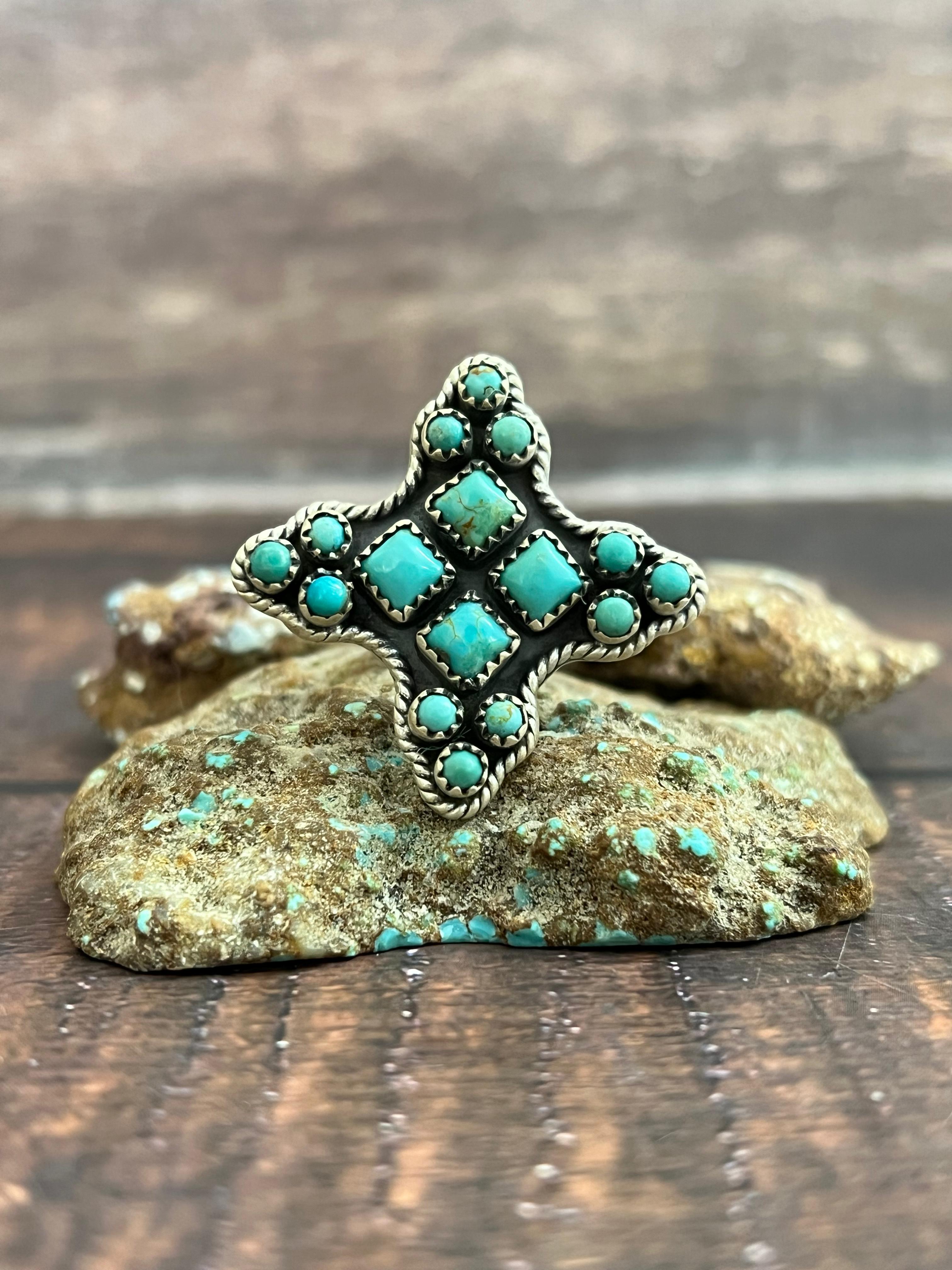 Handmade Sterling Silver Kingman Turquoise Adjustable Ring, Signed Nizhoni