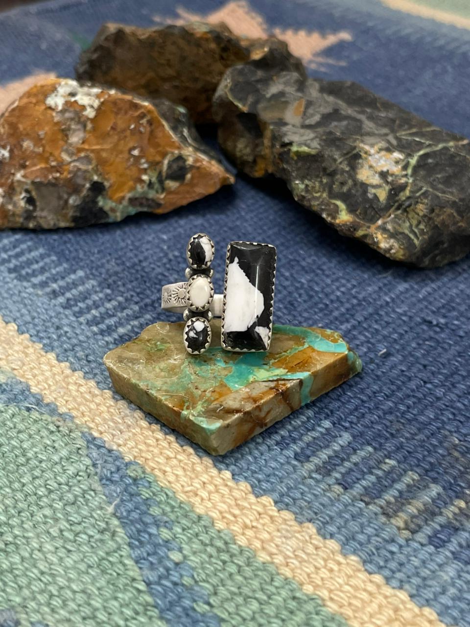 Handmade Sterling Silver White Buffalo Turquoise Adjustable Ring " Signed Nizhoni"