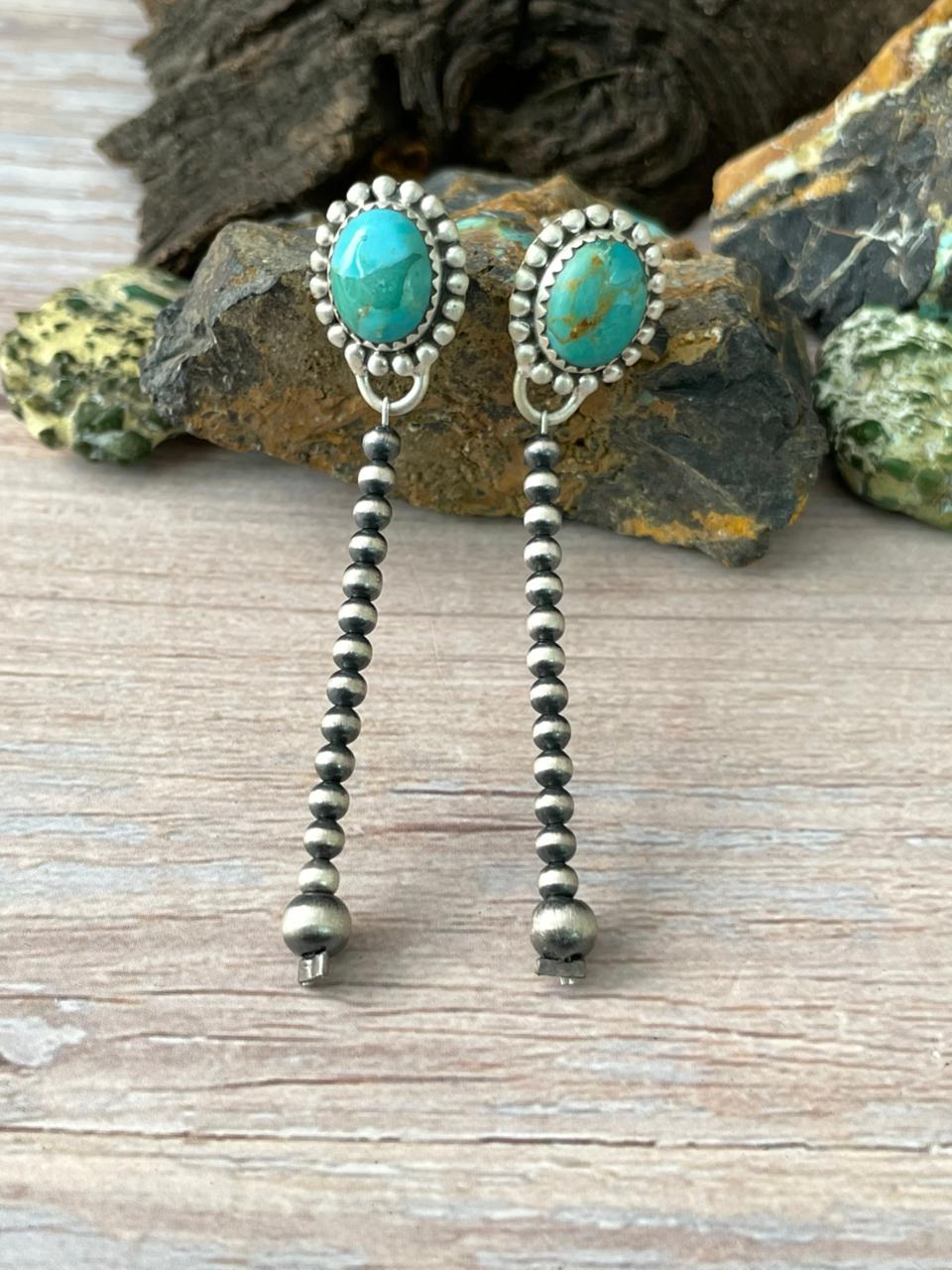 Handmade Sterling Silver Kingman Turquoise Post Beaded Earrings "Signed Nizhoni"