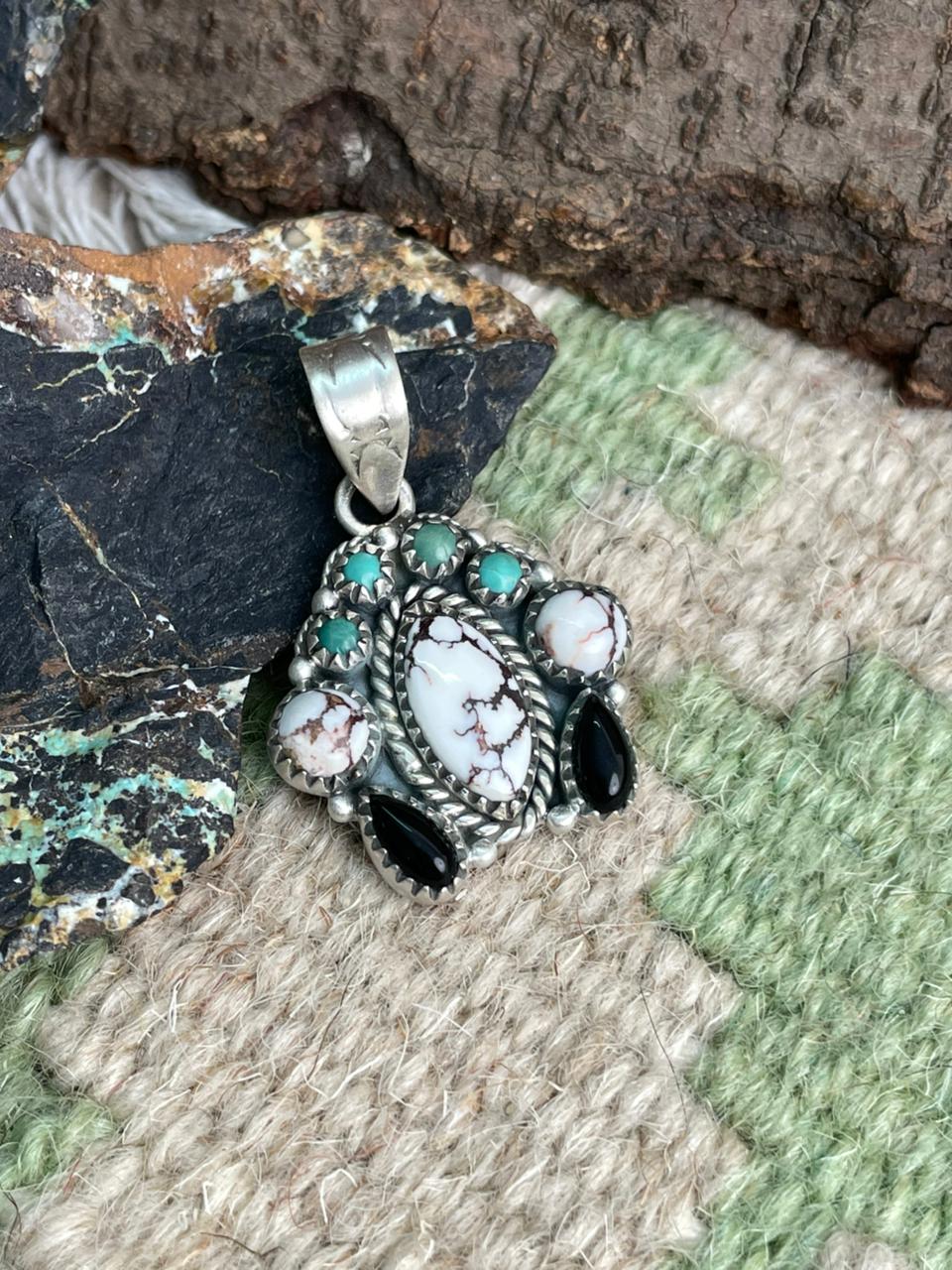 Handmade Sterling Silver Kingman with Wildhorse and Black Onyx Pendant "Signed Nizhoni"
