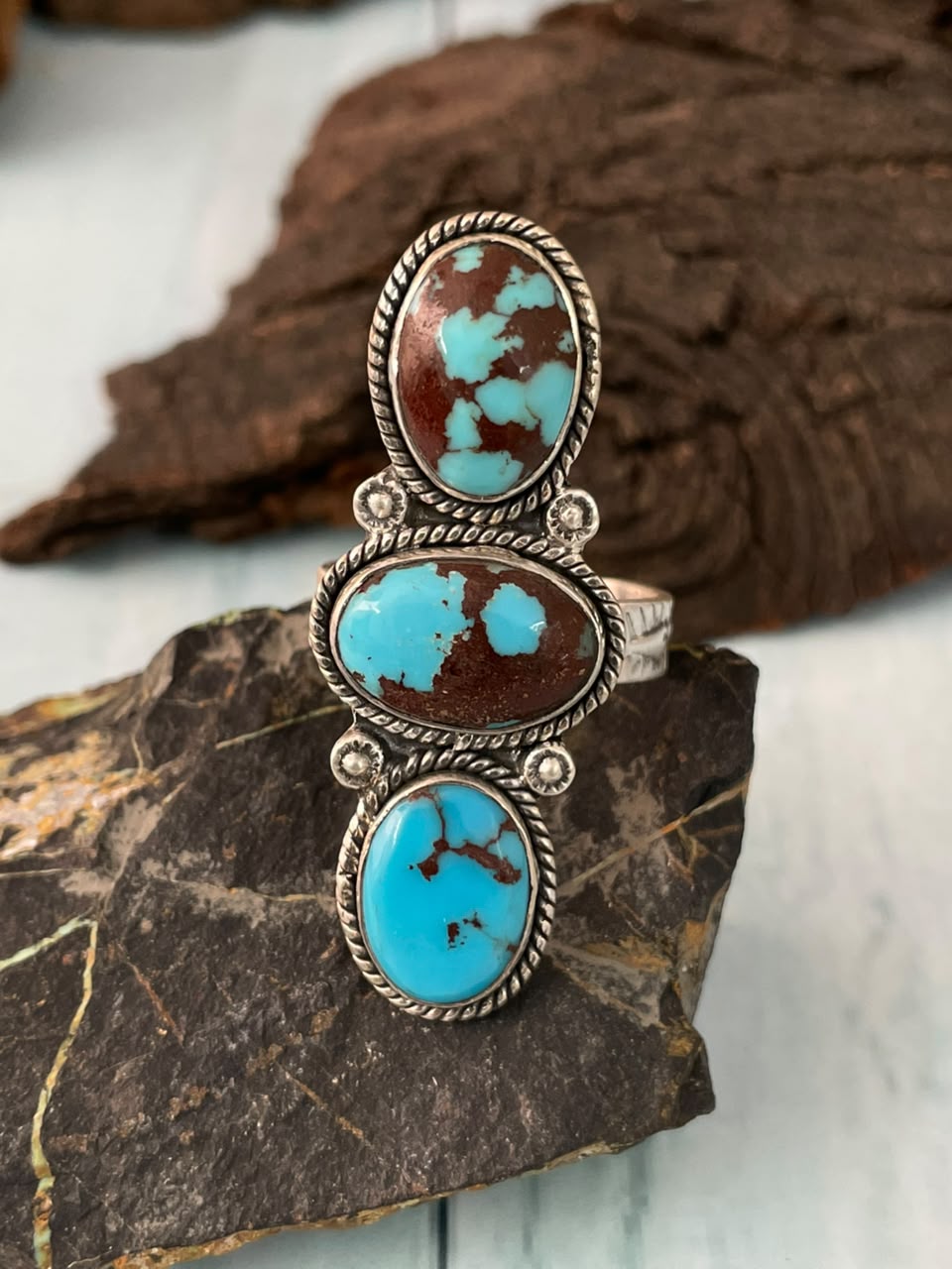 Handmade Sterling Silver Egyptian Turquoise Collection: Adjustable Ring Signed Nizhoni