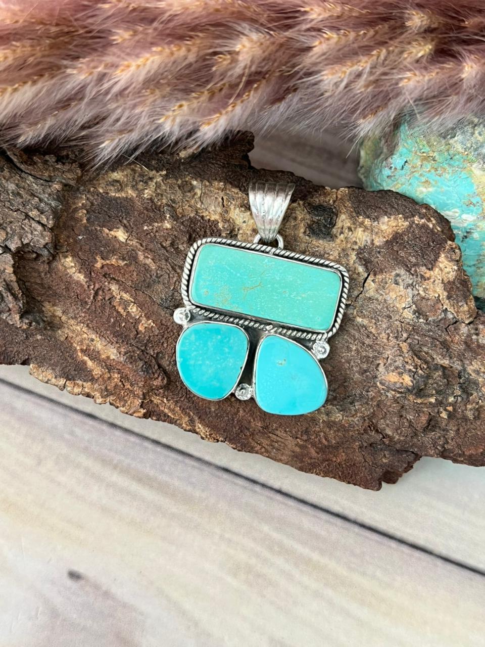 Handmade Sterling Silver Green Kingman Turquoise Collection: Pendant Signed Nizhoni