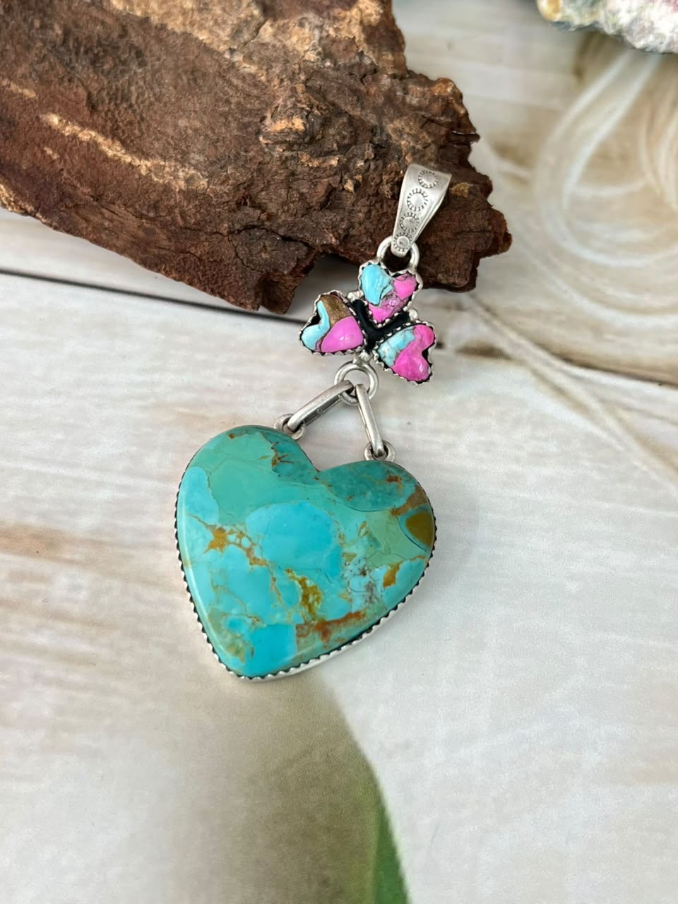 Handmade Sterling Silver Kingman Turquoise with Cotton Candy Heart Pendant Signed Nizhoni