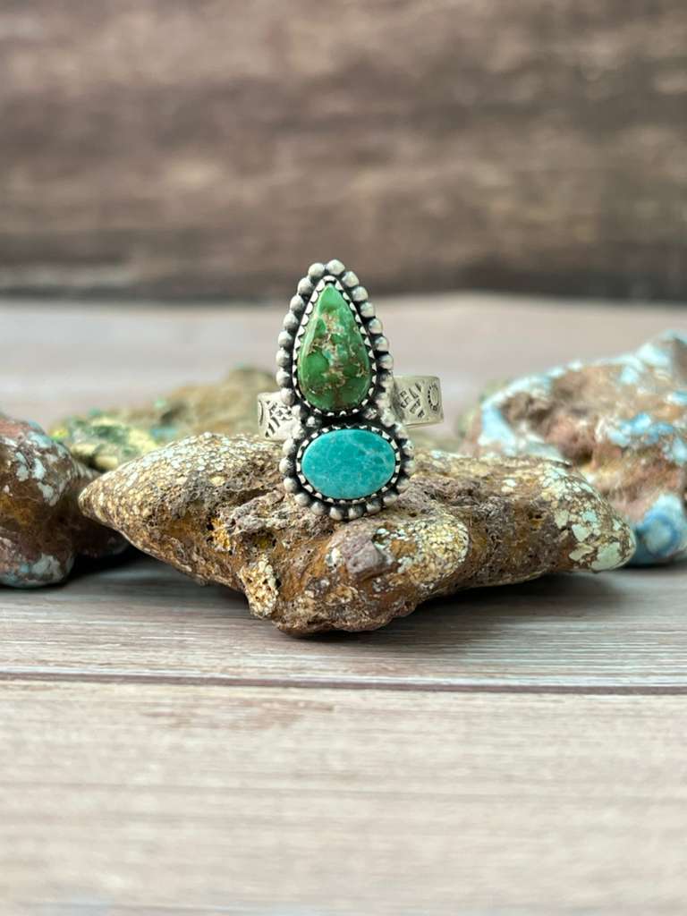 Handmade Sterling Silver Sonoran Mountain Turquoise with White Water Adjustable Ring "Signed Nizhoni"