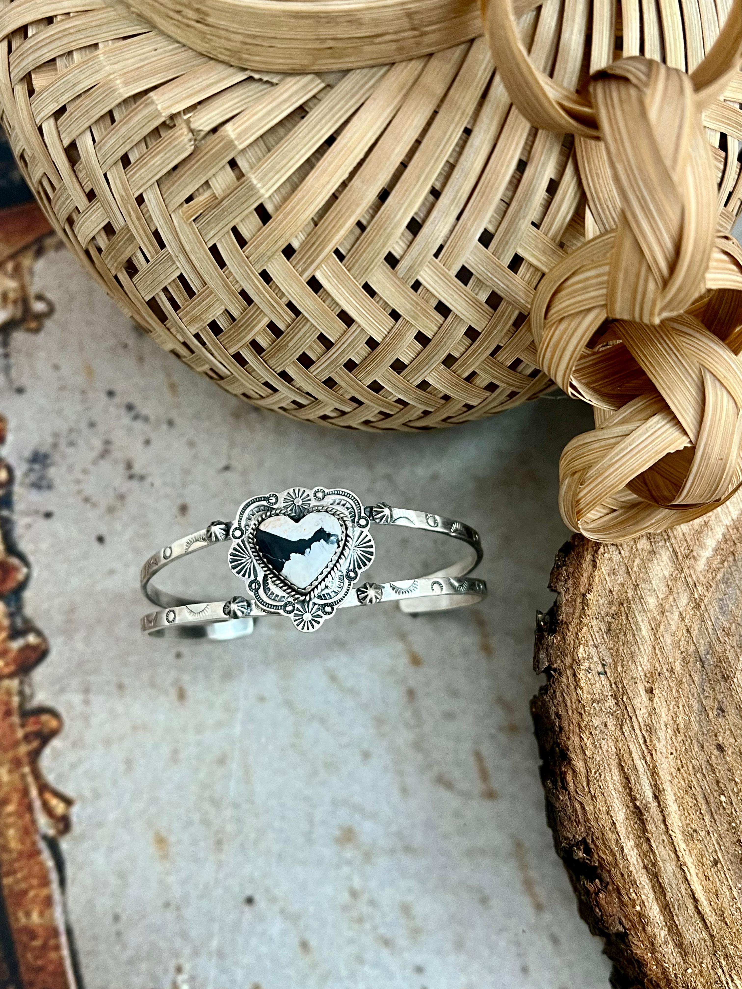 Handmade Sterling Silver White Buffalo Heart Bracelet with Signed Nizhoni