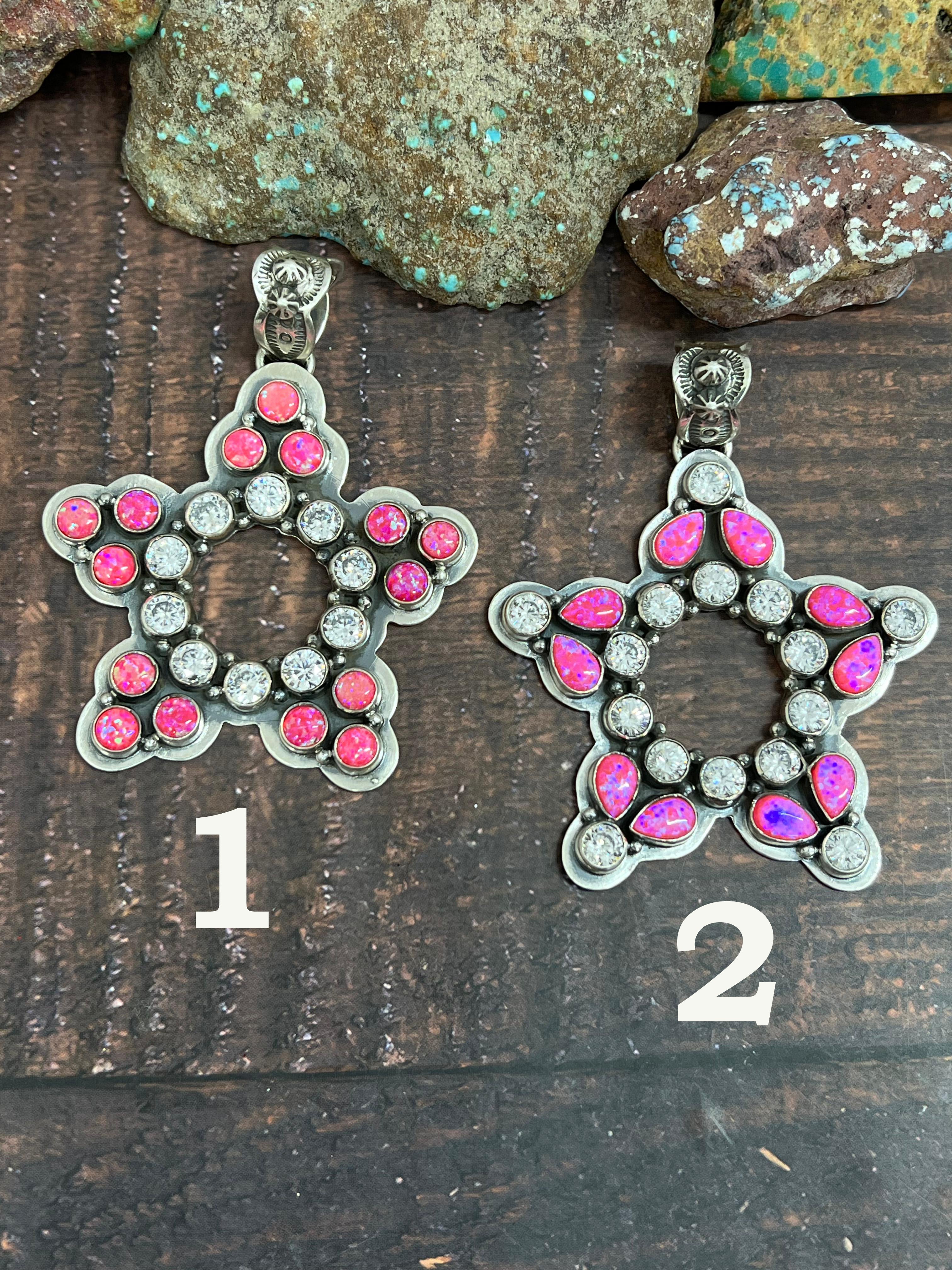 Handmade Sterling Silver Hot Pink with CZ Star Pendant, Signed Nizhoni