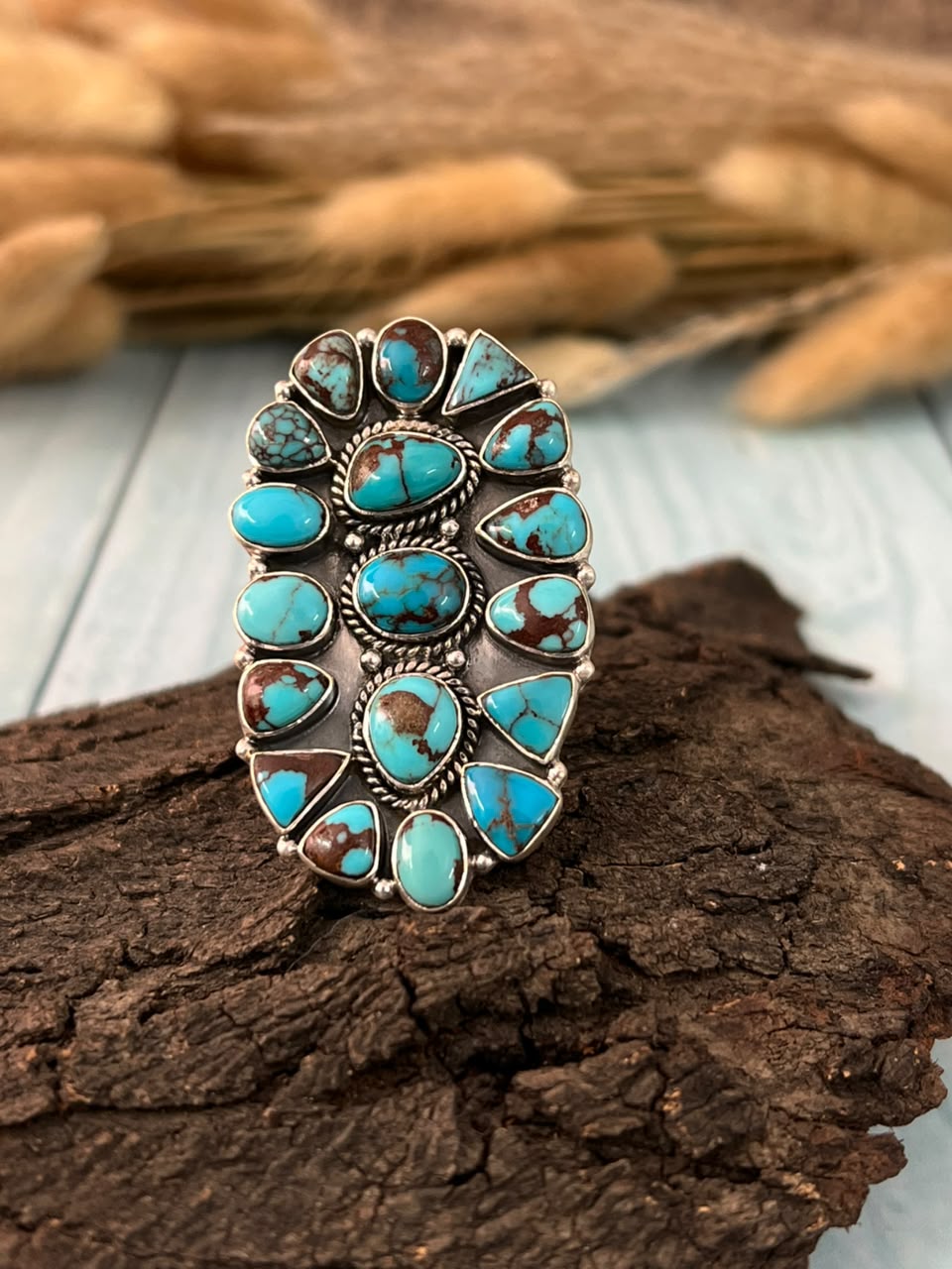 Handmade Sterling Silver Egyptian Turquoise Collection: Adjustable Ring Signed Nizhoni