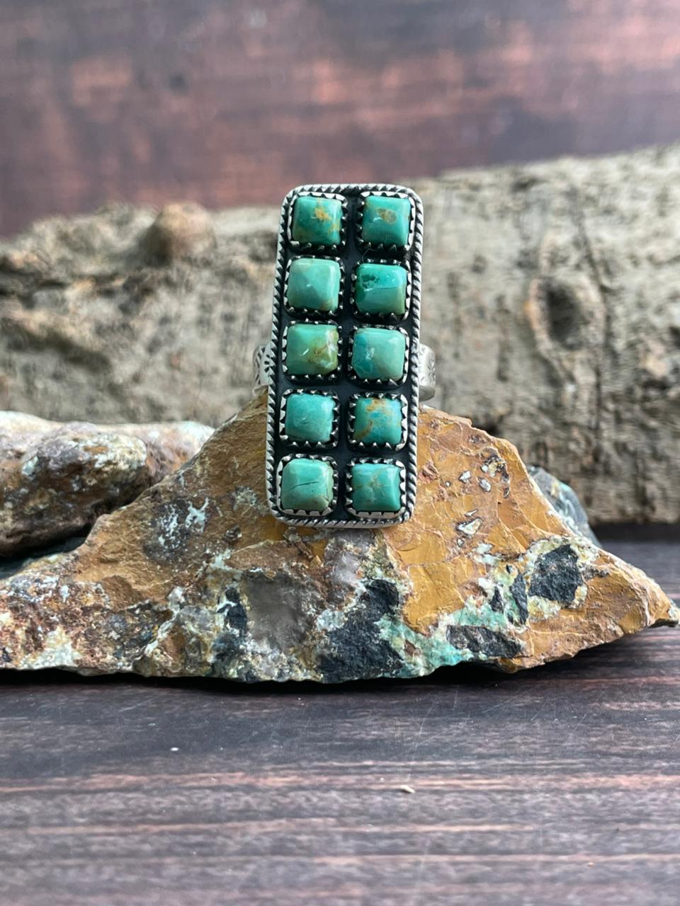 Handmade Sterling Silver Kingman Turquoise Bar Adjustable Ring "Signed Nizhoni"