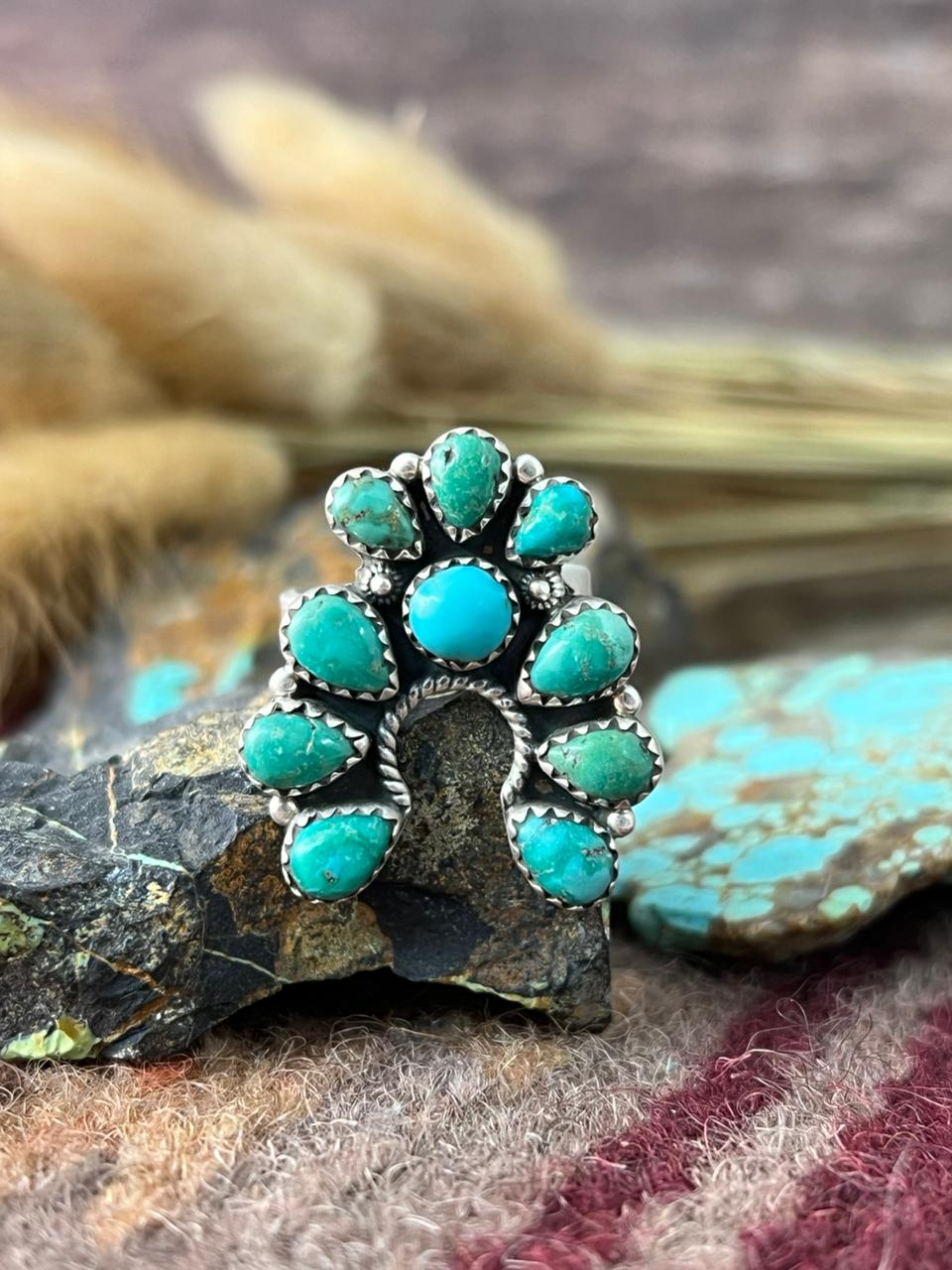 Handmade Sterling Silver Emerald Valley with Santa Maria Turquoise Adjusatble Ring "Signed Nizhoni"