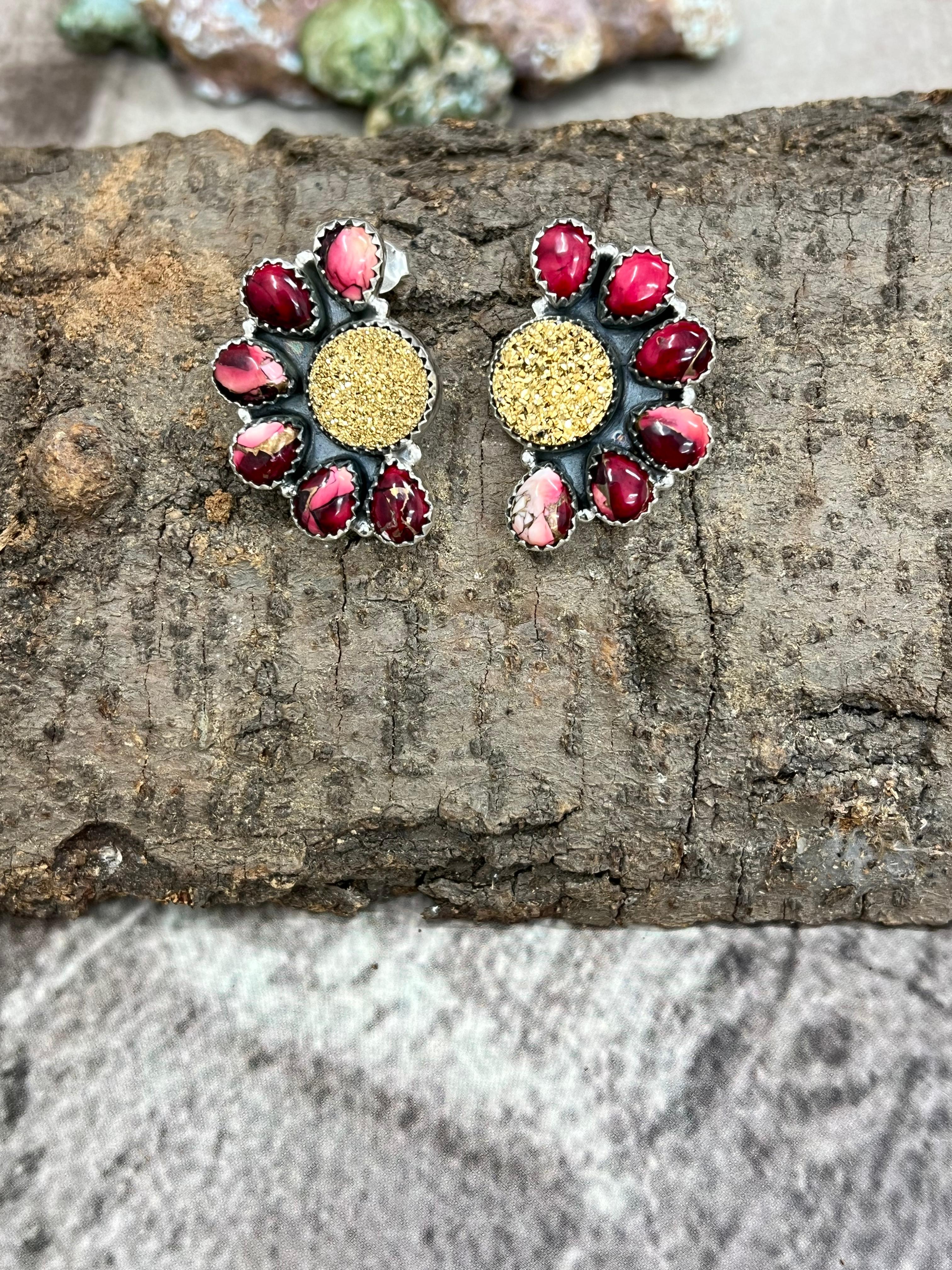 Handmade Sterling Silver Dahlia Rose with Druzy Post Earrings with Signed Nizhoni