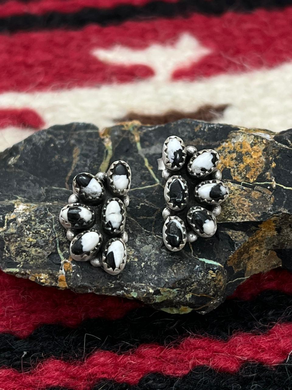 Handmade Sterling Silver White Buffalo with Red Opal Studs Earrings "Signed Nizhoni"