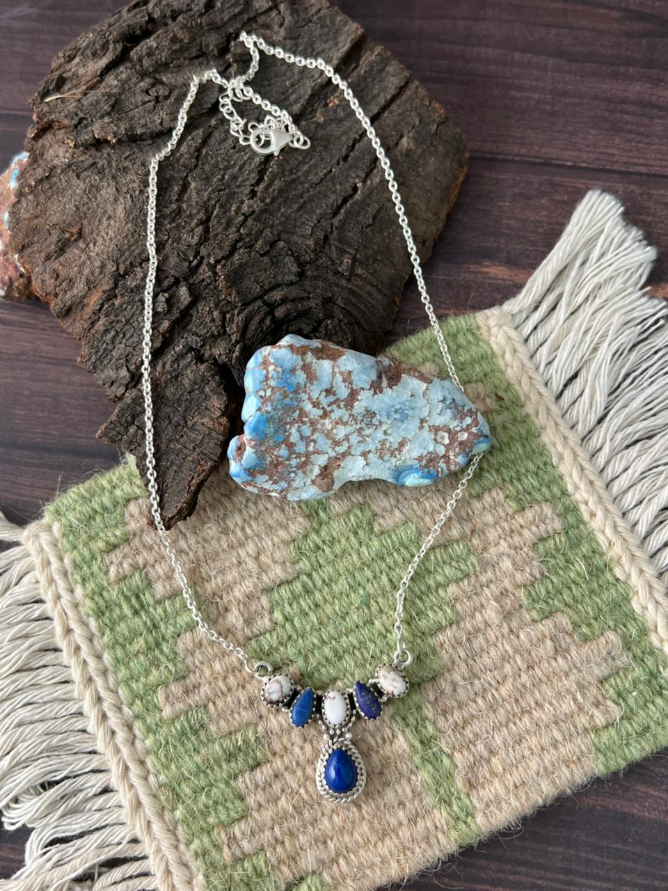 Handmade Sterling Silver Lapis with Wildhorse Magnesite Necklace "Signed Nizhoni"