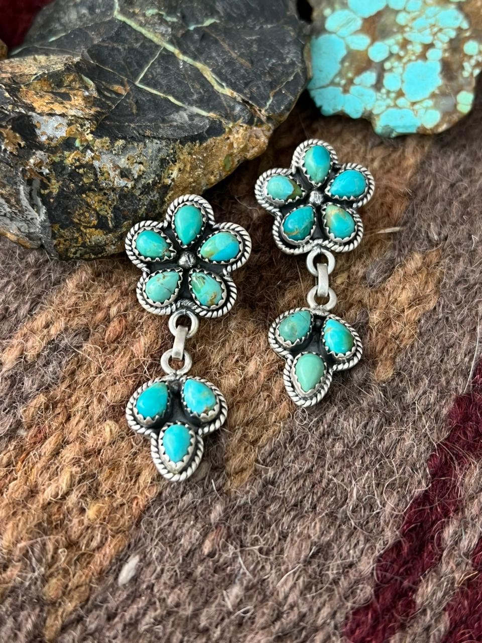 Handmade Sterling Silver Kingman Turquoise Post Dangle Earrings "Signed Nizhoni"