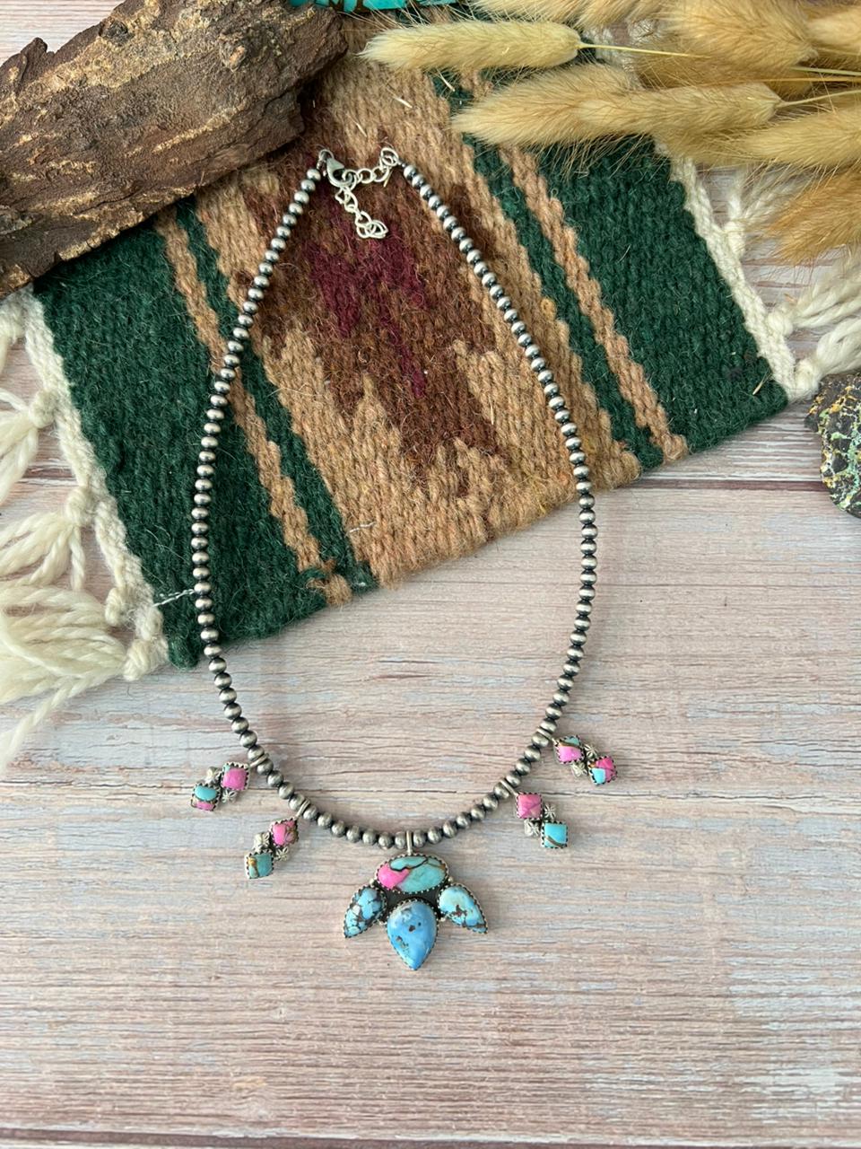 Handmade Sterling Silver Golden Hills with Cotton Candy Beaded Necklace "Signed Nizhoni"