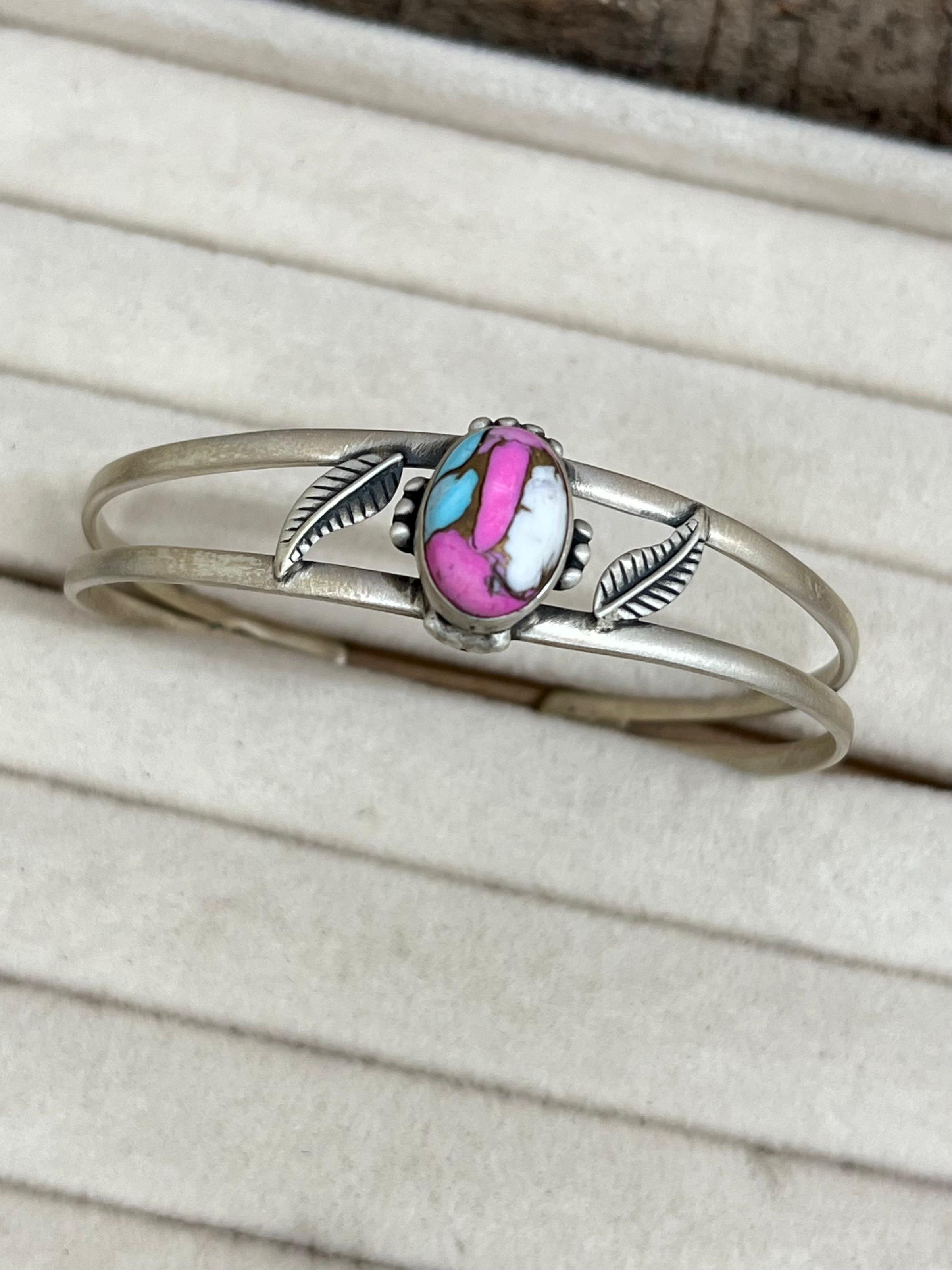 Handmade Sterling Silver Cotton Candy Turquoise Bracelet with Signed Nizhoni