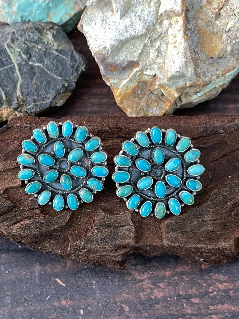 Handmade Sterling Silver Kingman Turquoise Post Studs Earrings Signed Nizhoni