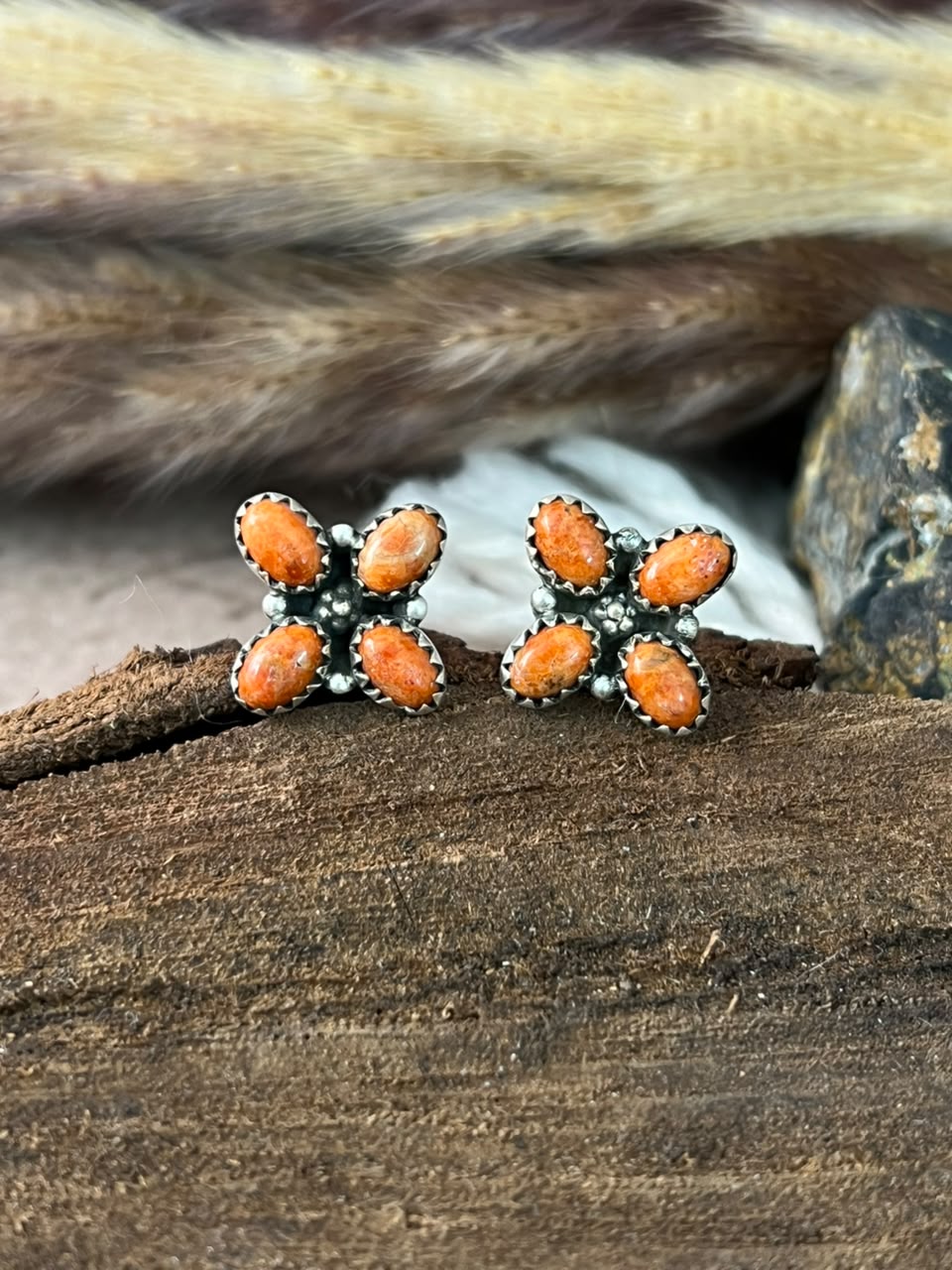 Handmade Sterling Silver Orange Mojave Post Studs Earrings Signed Nizhoni