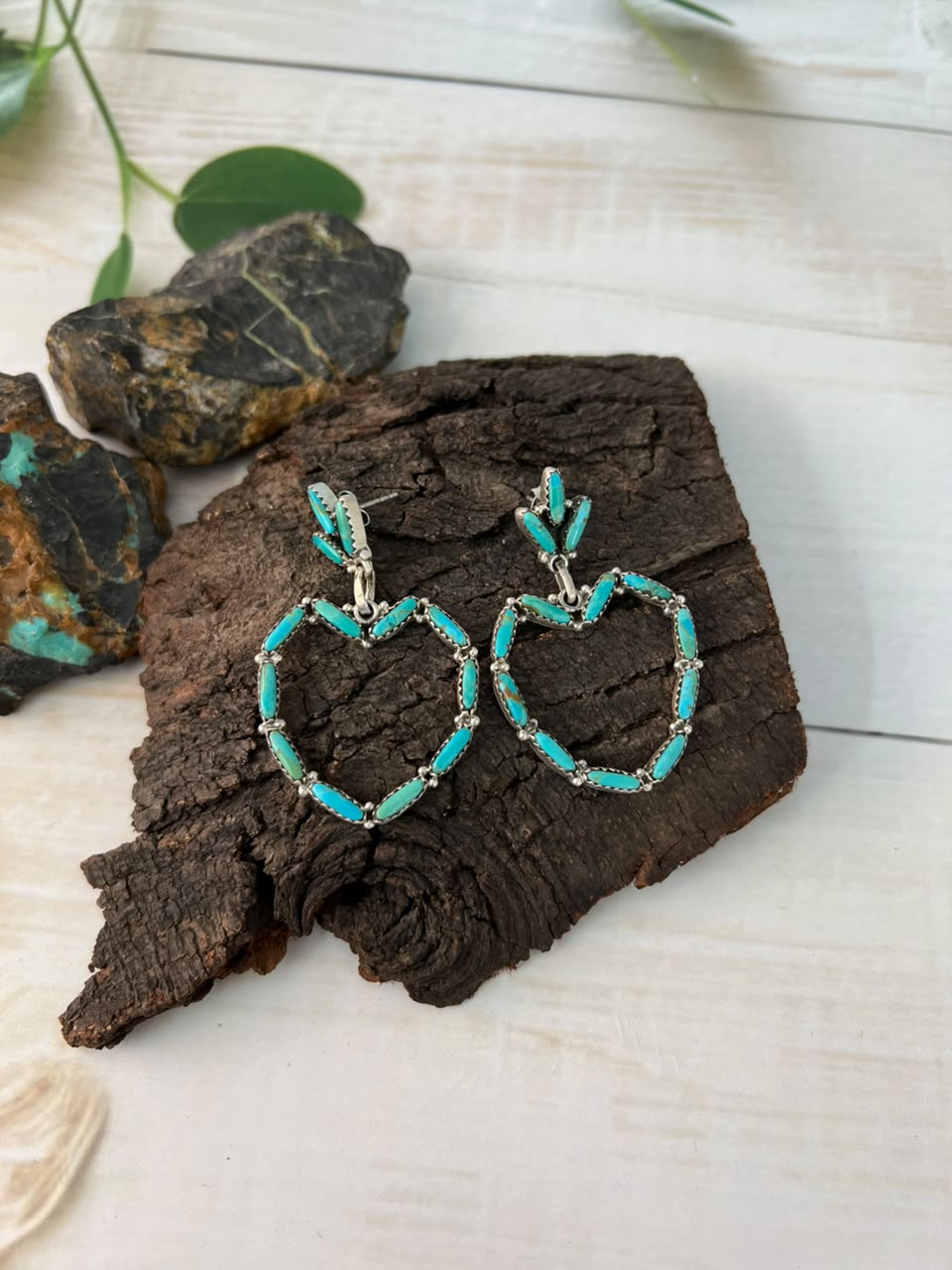 Handmade Sterling Silver Kingman Turquoise Post Dangle Heart Earrings Signed Nizhoni